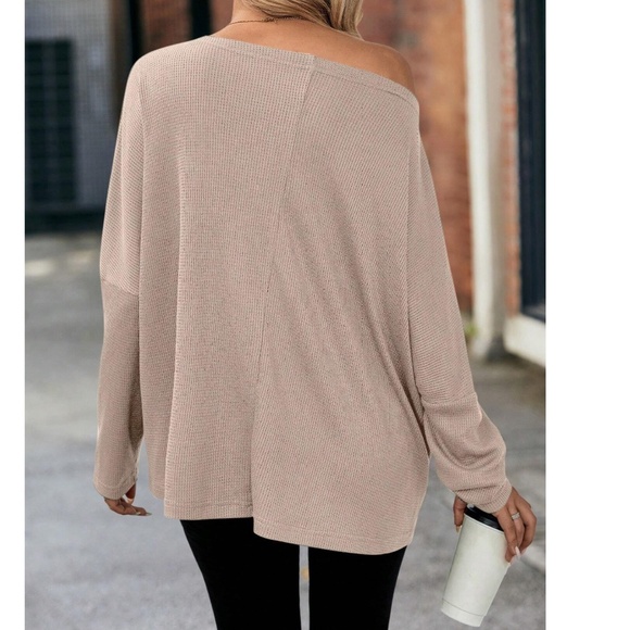 Solid Off Shoulder Loose Fit Waffle Long Sleeve Top - Picture 11 of 15